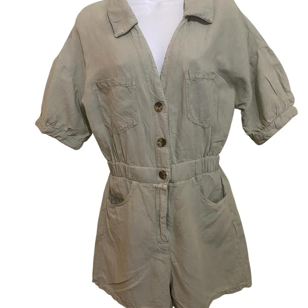 ZARA Linen Green Shirt Short Style Jumpsuit Romper Patch Pockets Utility